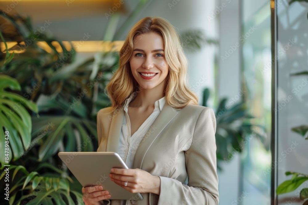 Fototapeta premium Professional woman with blonde hair holding a tablet in a modern office.
