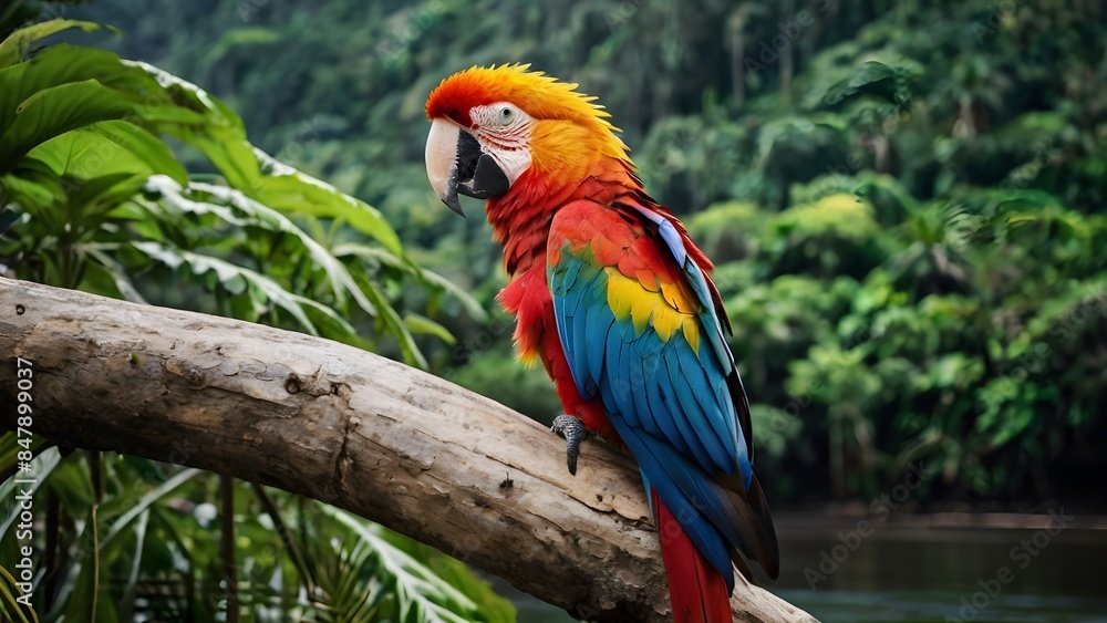 A colorful macaw perched on a branch overlooking a vast river snaking through the lush rainforest. A colorful macaw perched on a branch overlooking a vast river snaking through the lush rainforest.