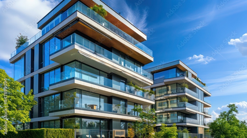 modern apartment building with a sleek glass facade, large balconies, and urban views modern apartment building with a sleek glass facade, large balconies, and urban views