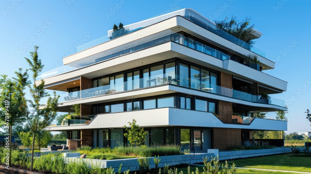 Obraz premium modern apartment building with a unique facade, large balconies, and community spaces