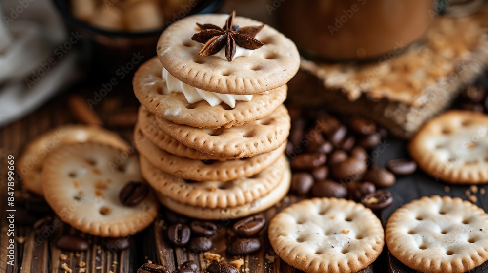 Close up photograph of crackers with coffee cream Close up photograph of crackers with coffee cream