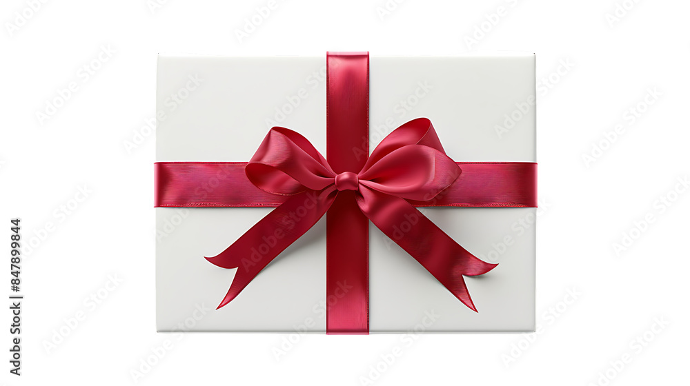 White gift box with red ribbon bow isolated on transparent background