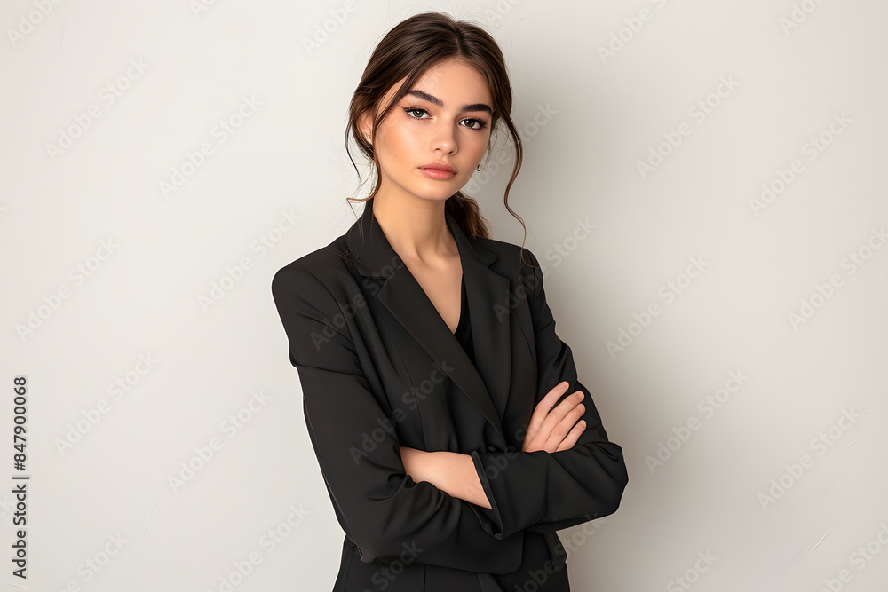 A female model, standing with one foot slightly forward and her arms crossed, against a solid white background. She wears a tailored blazer and dress pants, her hair is styled in a sleek. A female model, standing with one foot slightly forward and her arms crossed, against a solid white background. She wears a tailored blazer and dress pants, her hair is styled in a sleek.