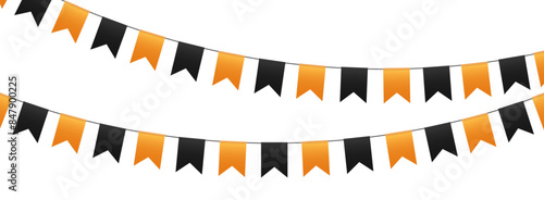 Party flags, bunting flags garland, orange and black pennants hanging on a rope. Halloween vector decoration.