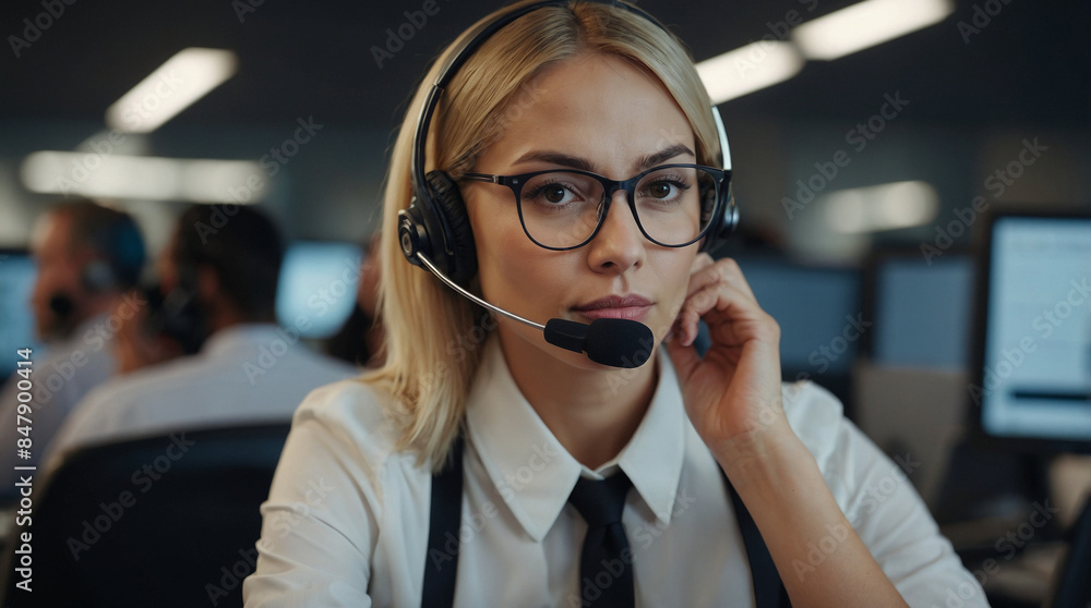 Close-up of a female support worker handling incoming calls and messages online, responding to users through a headset with a microphone.
Close-up of a female support worker handling incoming calls and messages online, responding to users through a headset with a microphone.