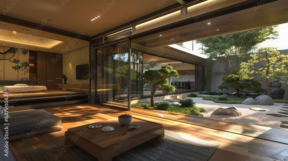 modern bungalow with an open floor plan, large sliding doors, and a zen garden modern bungalow with an open floor plan, large sliding doors, and a zen garden