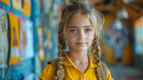 Youthful schoolgirl in a yellow shirt posing confidently in a school corridor photo