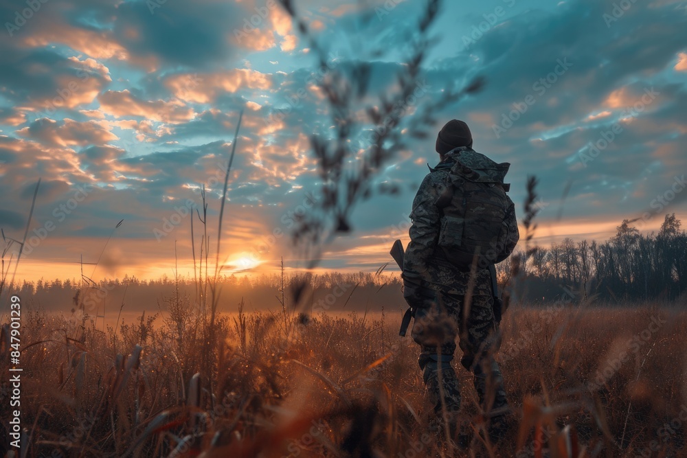 Hunting Field. Lone Hunter in Camouflage Creeping in Forest Field at Sunset Hunting Field. Lone Hunter in Camouflage Creeping in Forest Field at Sunset