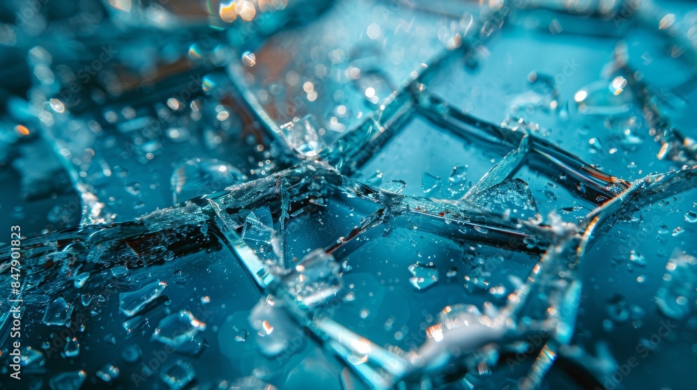 Close-up of shattered glass with blue and orange highlights Close-up of shattered glass with blue and orange highlights