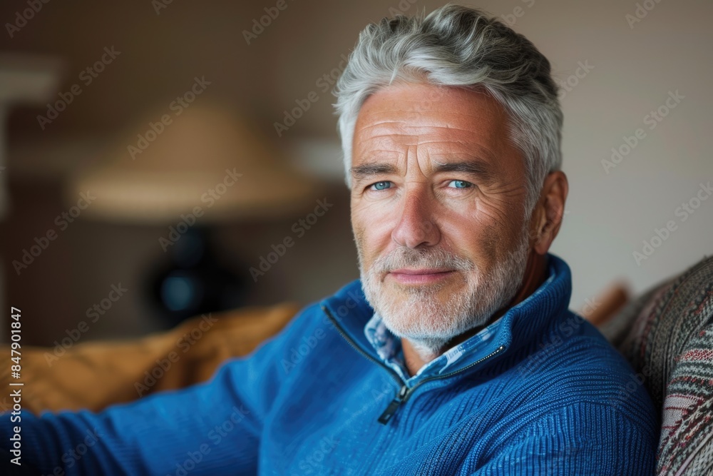 Man in 50s: Portrait of Attractive Senior Man with Grey Hair Relaxed at Home Man in 50s: Portrait of Attractive Senior Man with Grey Hair Relaxed at Home