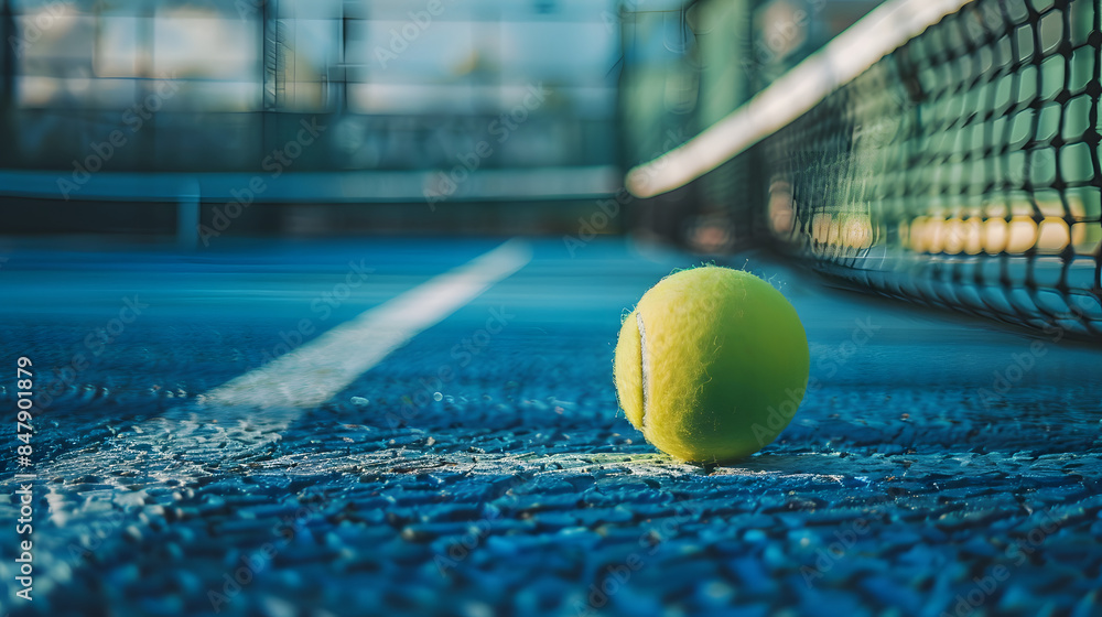 High-Contrast Tennis Scene Yellow Ball and White Line on Blue Surface