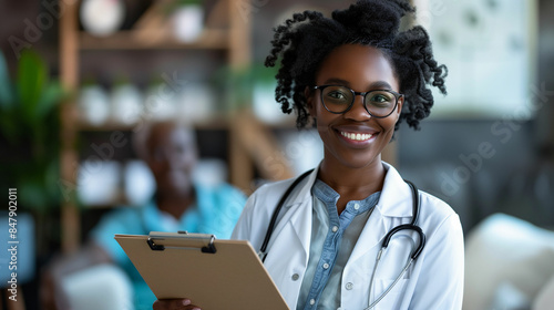 Female african american pharmacist holding clipboard