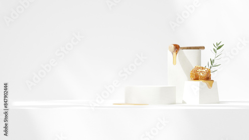 Background 3D rendering minimalist honey with white podium for product presentation in landscape