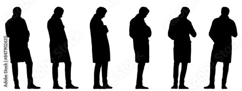 Vector concept conceptual black silhouette of a male adult in a coat posing from different perspectives isolated on white background. A metaphor for elegance, fashion, confidence and lifestyle