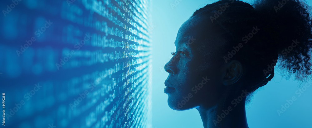 AI cyber hacking concept banner. Black female cyberspace security IT specialist analysing data threats. African american ai robot, side profile. Matrix digital rain code. Blue copy space AI cyber hacking concept banner. Black female cyberspace security IT specialist analysing data threats. African american ai robot, side profile. Matrix digital rain code. Blue copy space