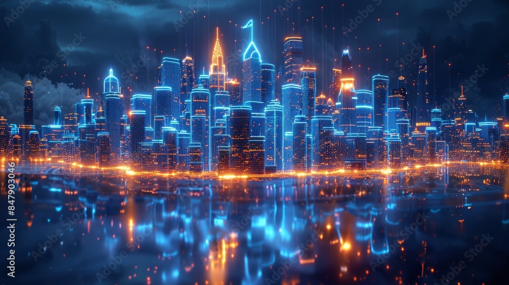 A wireframe hologram of buildings with glowing blue lines forming intricate patterns around its iconic structure against an isolated dark background. industrial design features. Generative AI. A wireframe hologram of buildings with glowing blue lines forming intricate patterns around its iconic structure against an isolated dark background. industrial design features. Generative AI.