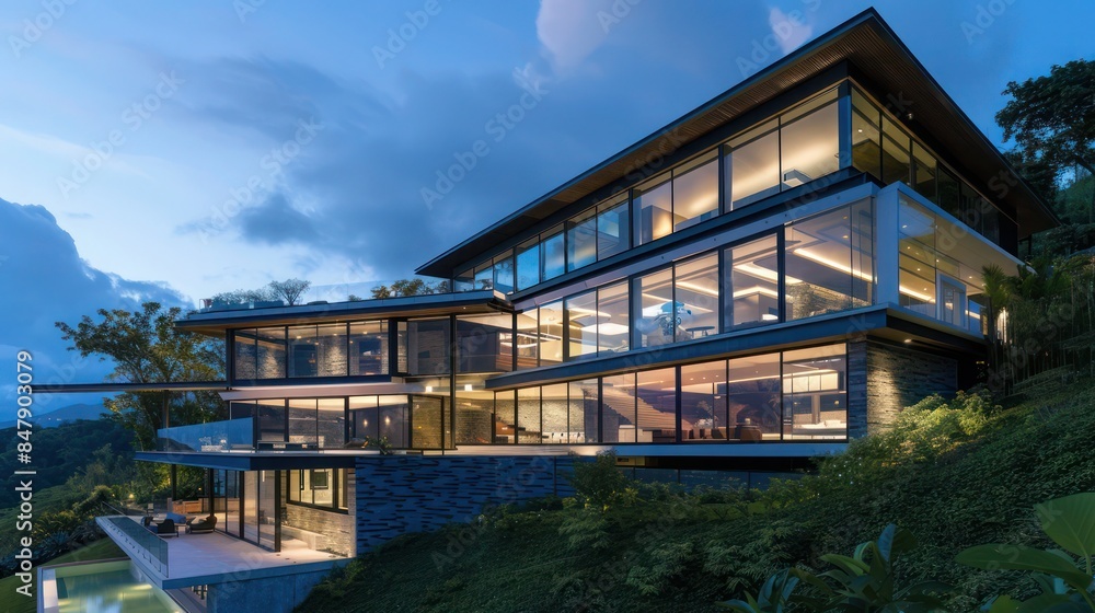 modern hillside home with large glass walls, a cantilevered design, and stunning views modern hillside home with large glass walls, a cantilevered design, and stunning views