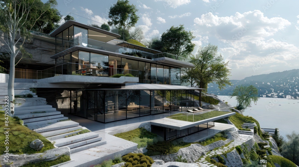 modern hillside villa with tiered levels, glass walls, and a scenic view modern hillside villa with tiered levels, glass walls, and a scenic view