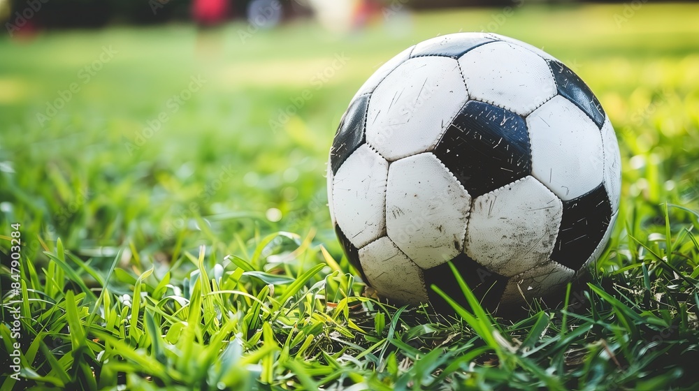 Fototapeta premium Close-up of a Worn Soccer Ball on Grass