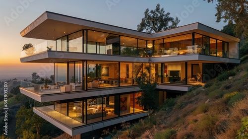 modern hillside home with large glass walls, a cantilevered design, and stunning views © Aeman