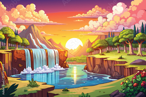 Summer landscape with waterfall, forest and clouds vector illustration. AI GENERATED