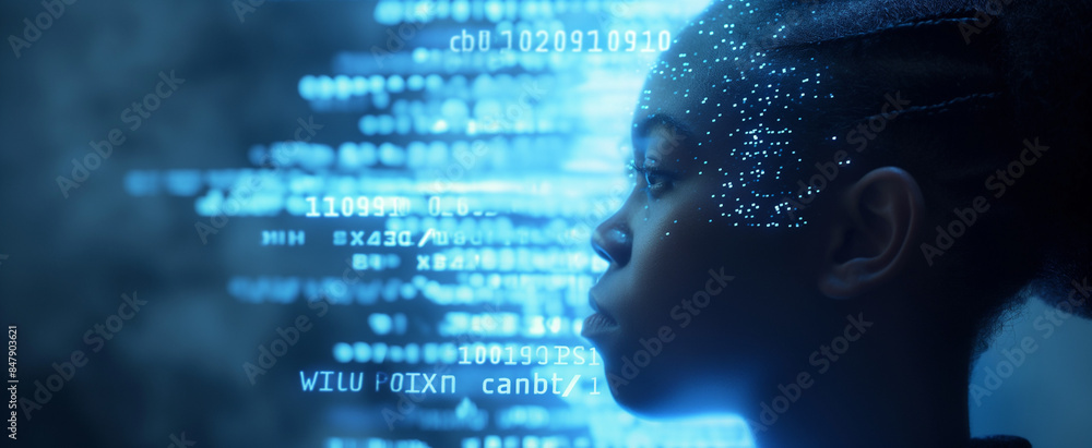 AI cyber hacking concept banner. Black female cyberspace security IT specialist analysing data threats. African american ai robot, side profile. Matrix digital rain code. Blue copy space AI cyber hacking concept banner. Black female cyberspace security IT specialist analysing data threats. African american ai robot, side profile. Matrix digital rain code. Blue copy space