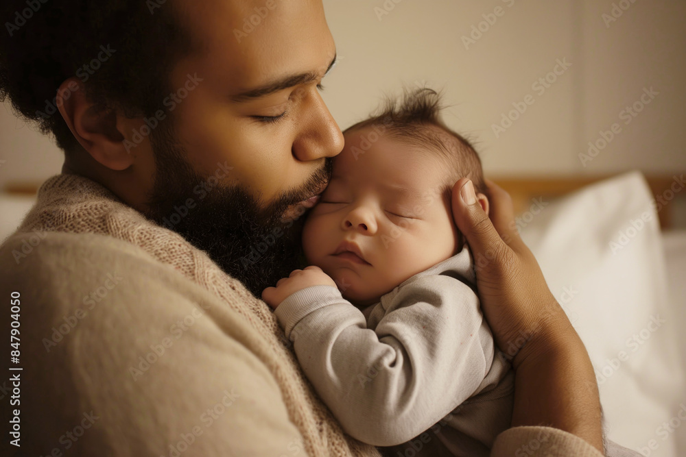 Father tenderly kisses his sleeping baby in a peaceful moment, parenthood and love concept Father tenderly kisses his sleeping baby in a peaceful moment, parenthood and love concept