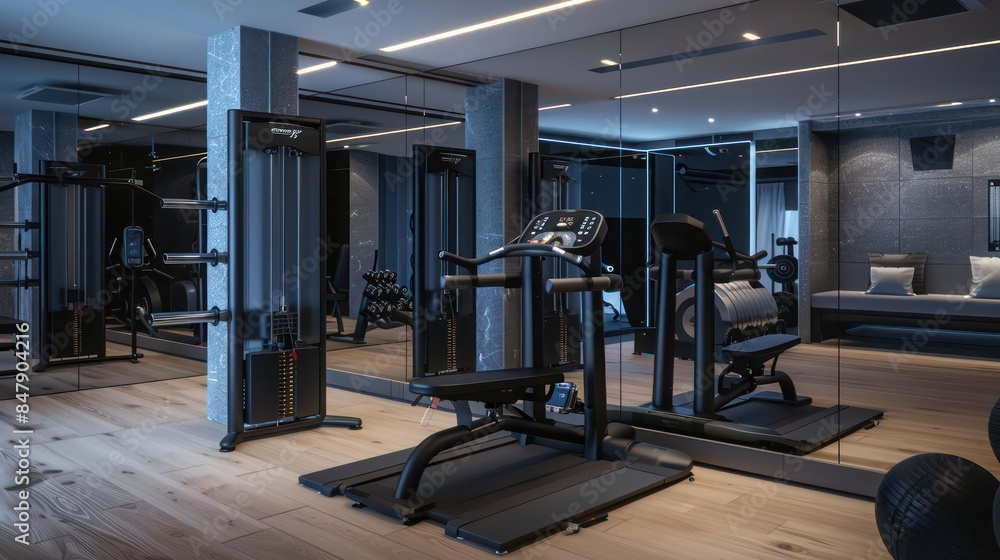 Fototapeta premium modern home gym with sleek equipment, a mirrored wall, and ample space for various workouts