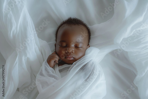Peacefully sleeping newborn wrapped in a soft white blanket, infant concept photo