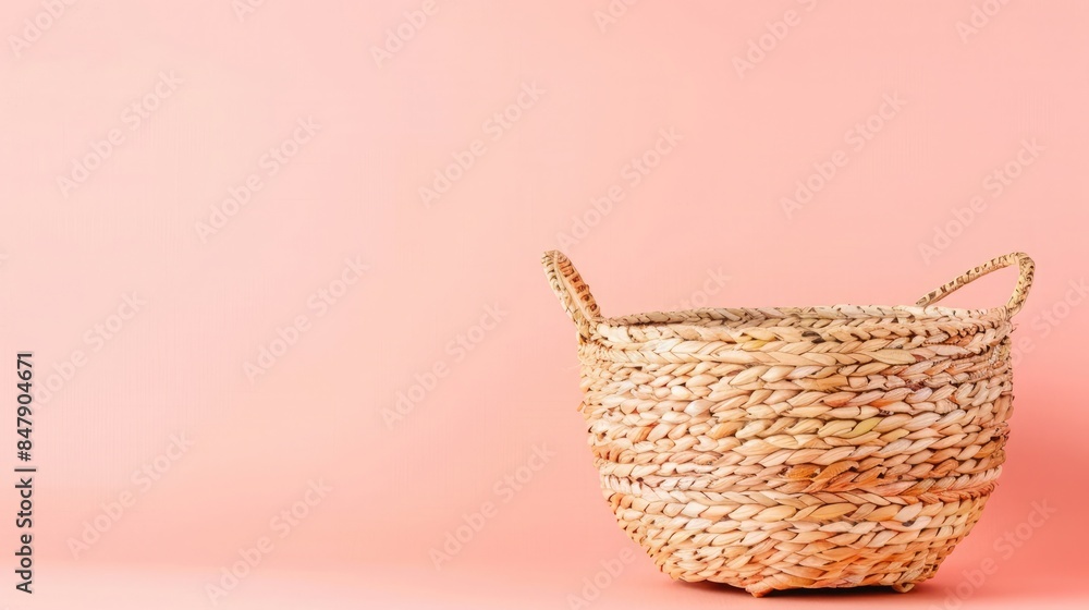 Obraz premium Peachy pink background featuring a woven basket with generous copyspace for text