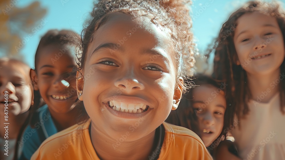 Happy children smiling together outdoors Happy children smiling together outdoors