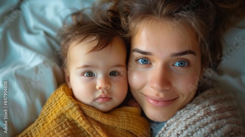 Close-up photo capturing a young woman and baby in an affectionate and loving embrace