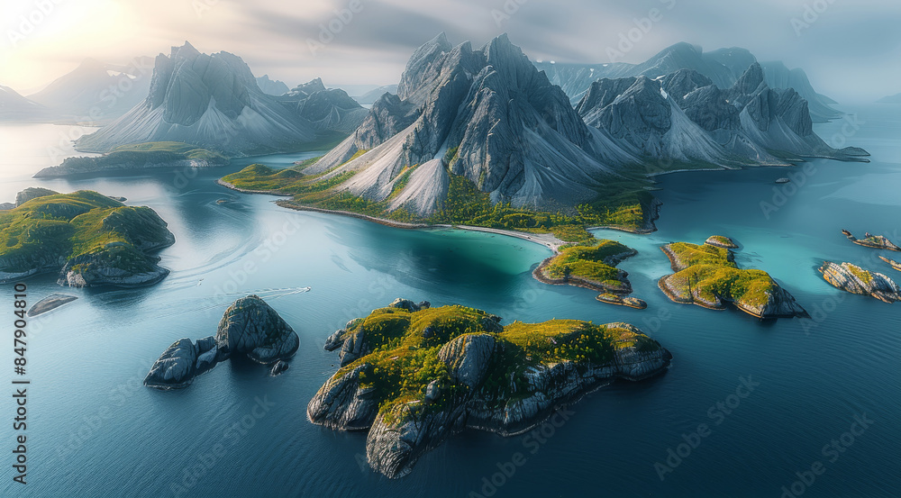 Obraz premium Awe-inspiring aerial panorama of the vast, untamed wilderness of the archipelago. Aerial high view. Generative AI.