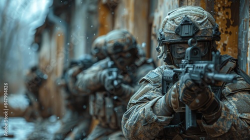 A team of soldiers in tactical gear is crouched in formation alongside an urban building, likely during a training exercise or a mission photo