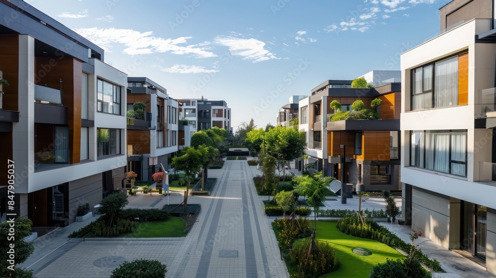 modern residential complex with sleek designs, green spaces, and community amenities modern residential complex with sleek designs, green spaces, and community amenities
