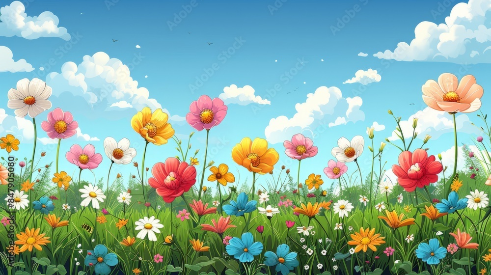 Beautiful meadow with blooming flowers on a green field with grass against a blue sky with sun in a natural park under the summer sun. Field of colored daisies under a blue sky with clouds
