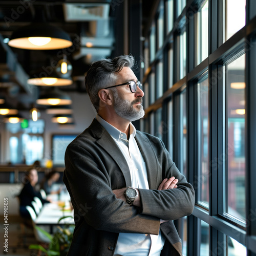 US attorney in a vibrant coworking space, standing near a large window with a cup of tea