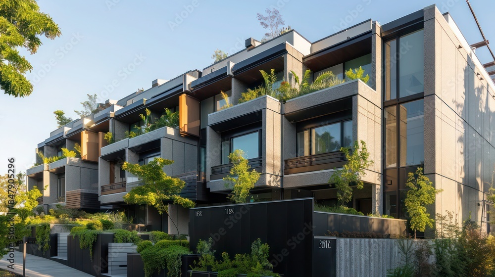 Obraz premium modern row house with unique architectural features, rooftop garden, and sleek facade