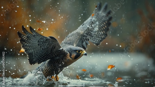 A dynamic shot of a peregrine falcon hunting and making contact with water photo