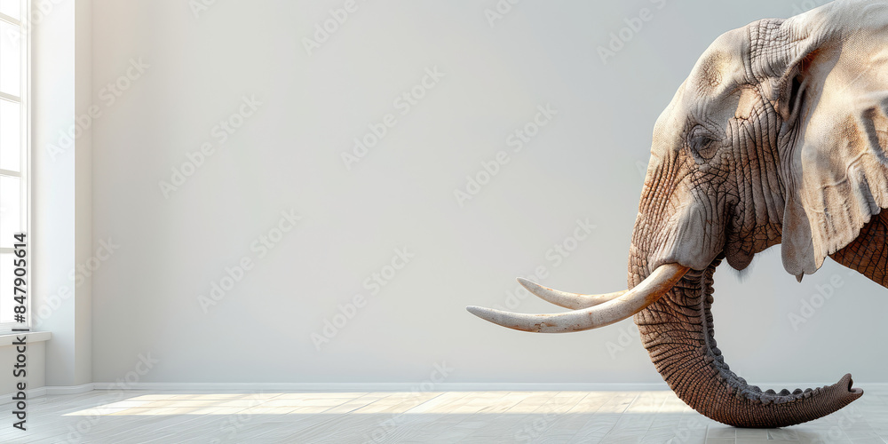 Obraz premium An elephant in an empty light-colored apartment interior. Creative concept of big spacious apartment in a new building