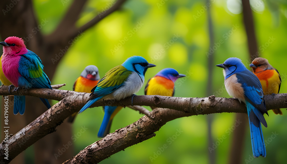 Obraz premium Many colorful birds are sitting in a row on a tree branch in the forest on a blurred background. Generative AI