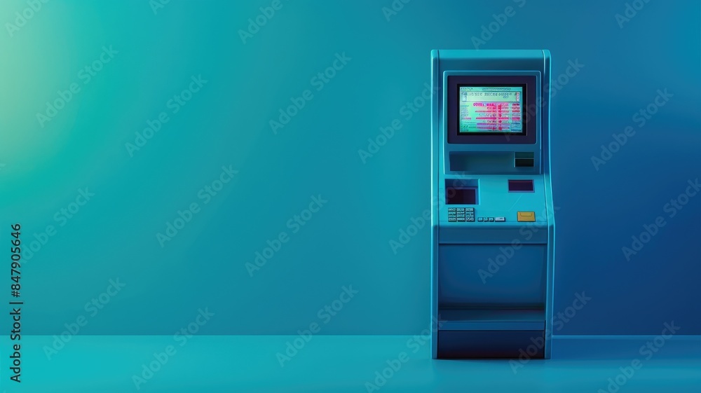 Retro-style blue ATM against minimalistic background Retro-style blue ATM against minimalistic background