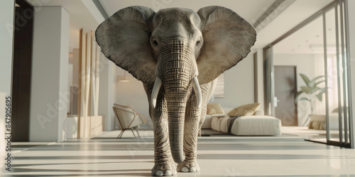 An elephant in an empty light-colored apartment interior. Creative concept of big spacious apartment in a new building photo