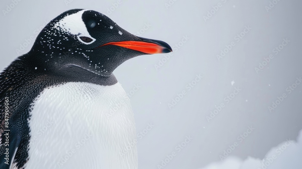 Obraz premium A close up image of a gentoo penguin in Antarctica against a white backdrop