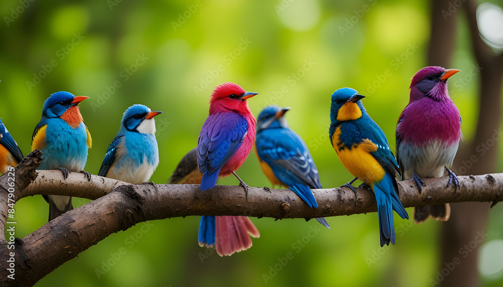 Many colorful birds are sitting in a row on a tree branch in the forest on a blurred background. Generative AI Many colorful birds are sitting in a row on a tree branch in the forest on a blurred background. Generative AI