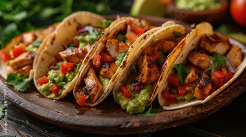 Delicious Mexican tacos with meat, beans and vegetables on a dark background. Close up