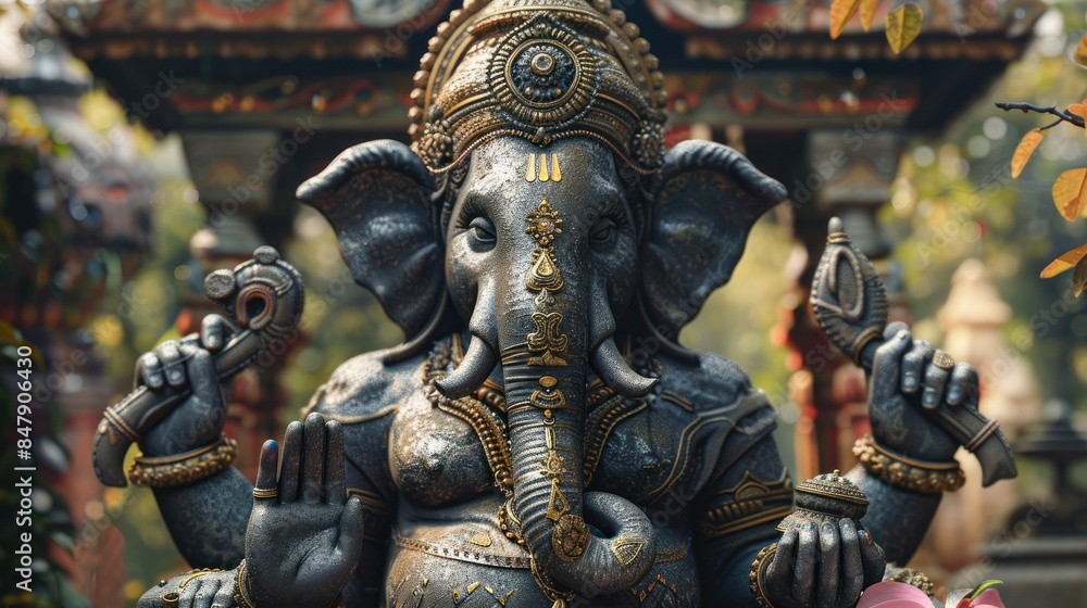 A beautifully detailed statue of Lord Ganesha, the Hindu deity with an elephant head, adorned with intricate ornaments. The outdoor setting enhances the spiritual and cultural essence of the artwork