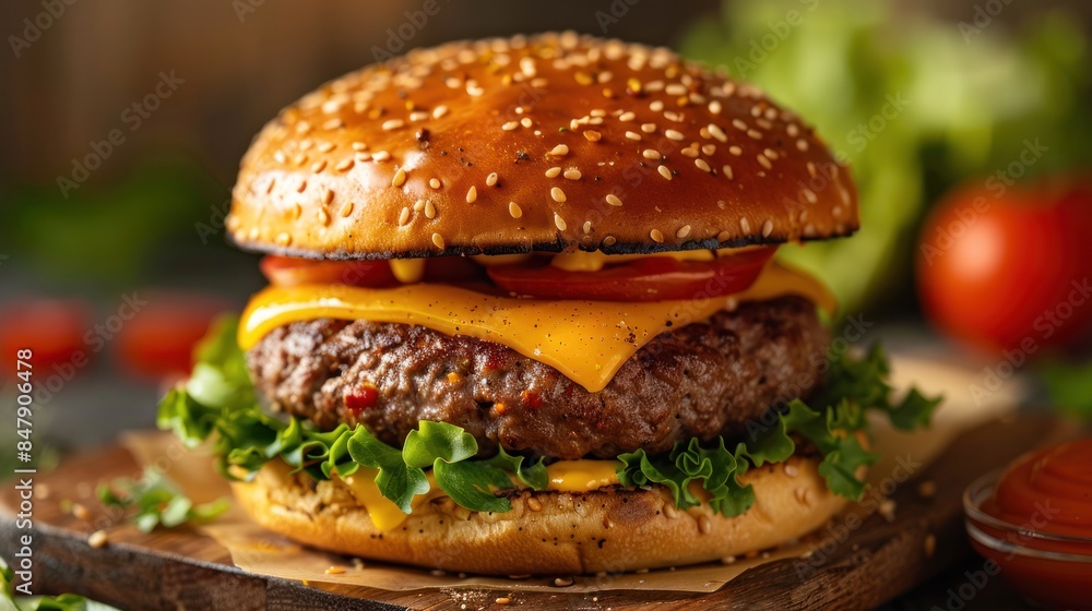 Close-up of a delicious cheeseburger with a juicy beef patty, melted cheese, fresh lettuce, and tomato, The perfect of classic, mouth-watering burger, AI-generated Close-up of a delicious cheeseburger with a juicy beef patty, melted cheese, fresh lettuce, and tomato, The perfect of classic, mouth-watering burger, AI-generated