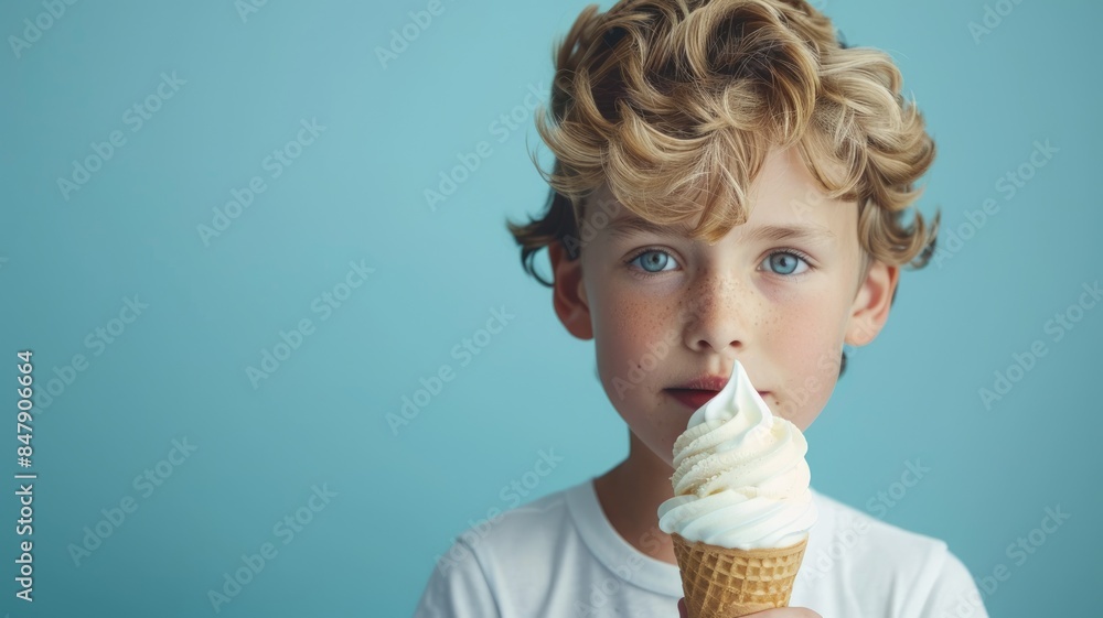 Boy with curly hair holding ice cream cone