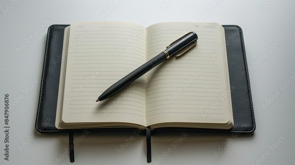 a gray open notebook with a leather cover and a black pen on a light plain background a gray open notebook with a leather cover and a black pen on a light plain background